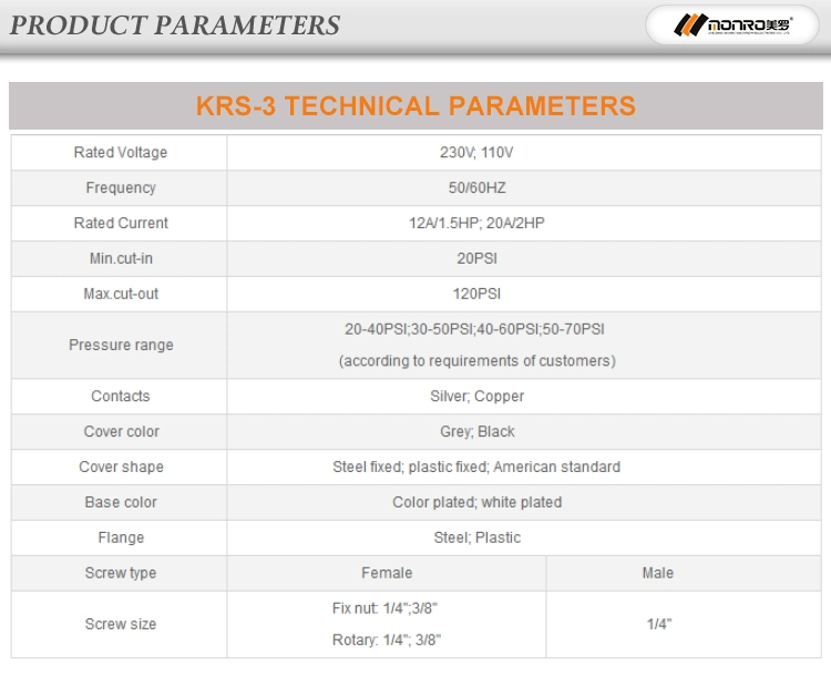 Monro Krs-3 Square Type Electric Internal Thread 40-60psi 110-240V Well Pump Water Pressure Switch