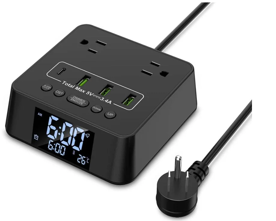 Alarm Clock Power Strip Surge Protector Socket, 2 AC Outlets 3 USB a Ports & 1 USB C Port, 6FT Cord for Bedroom, Dorm, Hotel